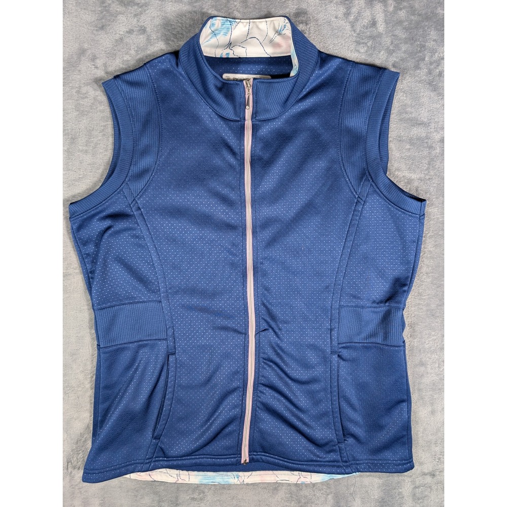 Pebble Beach Performance Golf Vest Womens Large Navy Blue Floral Lined Full Zip